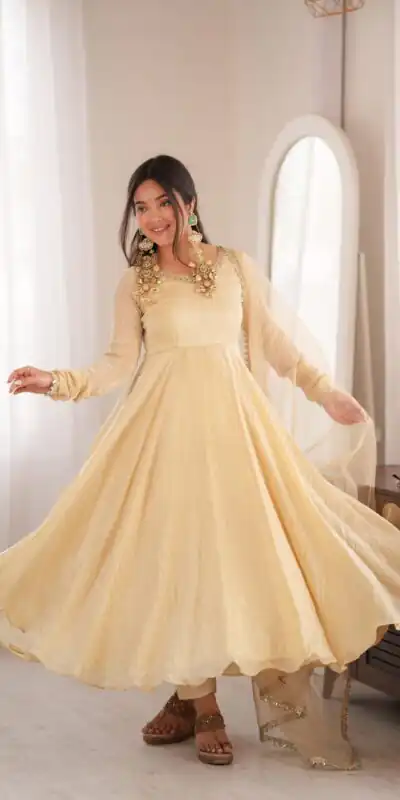 SRK 5355 Off White Doremon Crush Gown with Lace Work & Mirror Work. Exclusive Offer ₹2099. Delivery 4-6 Working Days. Shop now. | Gowns, Bollywood Gowns, Creative Gowns, Designer Gowns, Embroidered Gowns, Party Wear Gowns