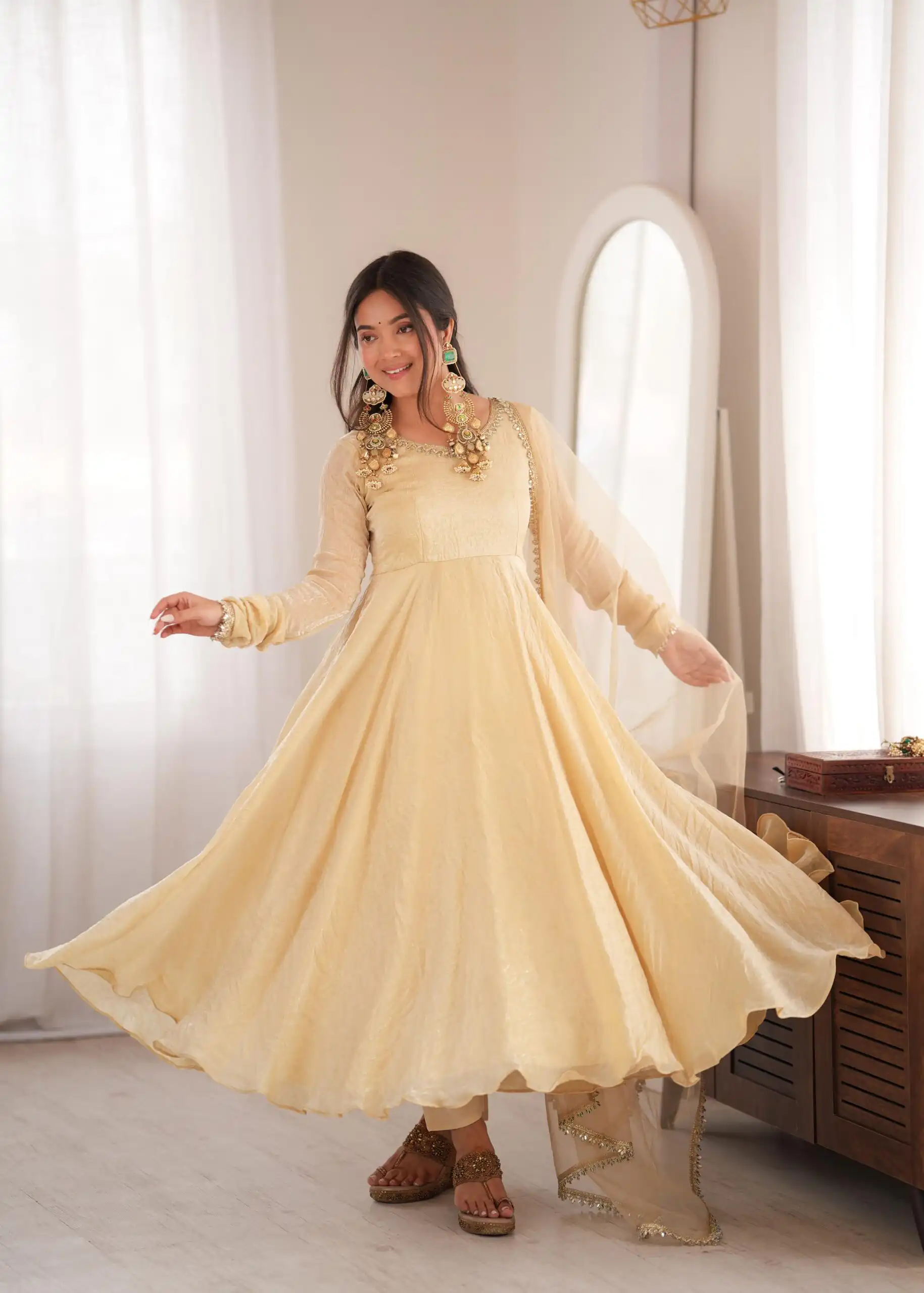 SRK 5355 Off White Doremon Crush Gown with Lace Work & Mirror Work. Exclusive Offer ₹2099. Delivery 4-6 Working Days. Shop now. | Gowns, Bollywood Gowns, Creative Gowns, Designer Gowns, Embroidered Gowns, Party Wear Gowns