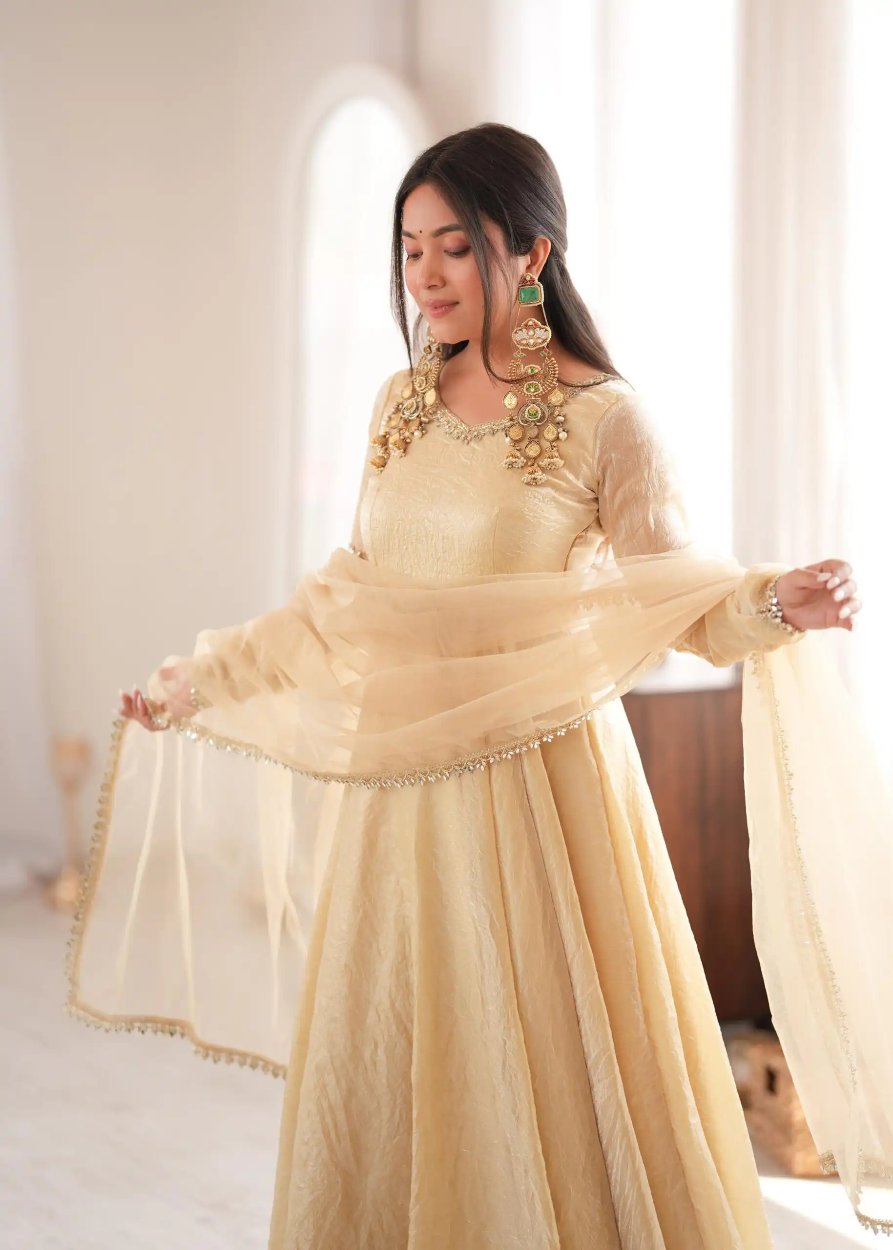 SRK 5355 Off White Doremon Crush Gown with Lace Work & Mirror Work. Exclusive Offer ₹2099. Delivery 4-6 Working Days. Shop now. | Gowns, Bollywood Gowns, Creative Gowns, Designer Gowns, Embroidered Gowns, Party Wear Gowns