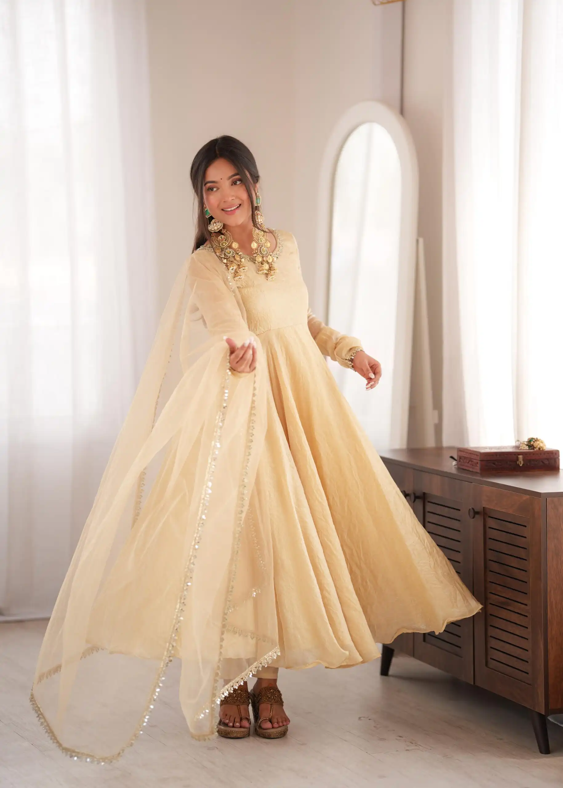 SRK 5355 Off White Doremon Crush Gown with Lace Work & Mirror Work. Exclusive Offer ₹2099. Delivery 4-6 Working Days. Shop now. | Gowns, Bollywood Gowns, Creative Gowns, Designer Gowns, Embroidered Gowns, Party Wear Gowns