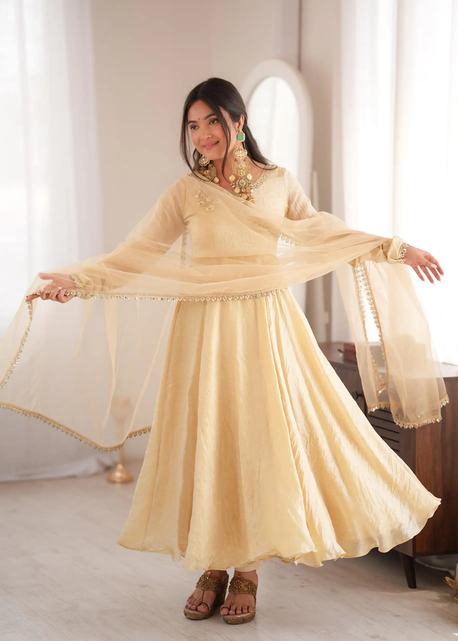 SRK 5355 Off White Doremon Crush Gown with Lace Work & Mirror Work. Exclusive Offer ₹2099. Delivery 4-6 Working Days. Shop now. | Gowns, Bollywood Gowns, Creative Gowns, Designer Gowns, Embroidered Gowns, Party Wear Gowns