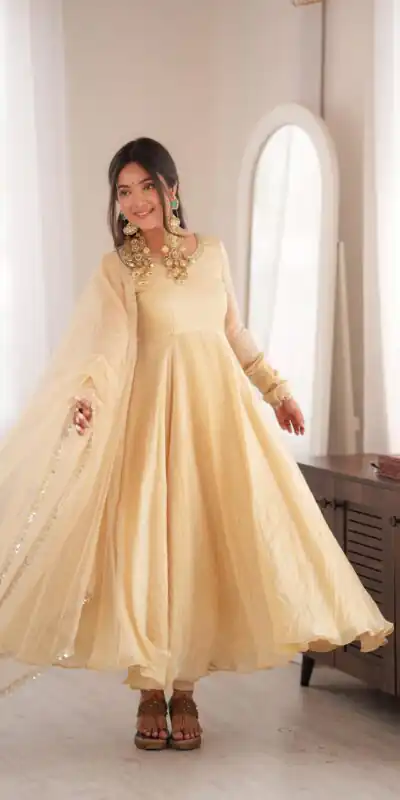 SRK 5355 Off White Doremon Crush Gown with Lace Work & Mirror Work. Exclusive Offer ₹2099. Delivery 4-6 Working Days. Shop now. | Gowns, Bollywood Gowns, Creative Gowns, Designer Gowns, Embroidered Gowns, Party Wear Gowns