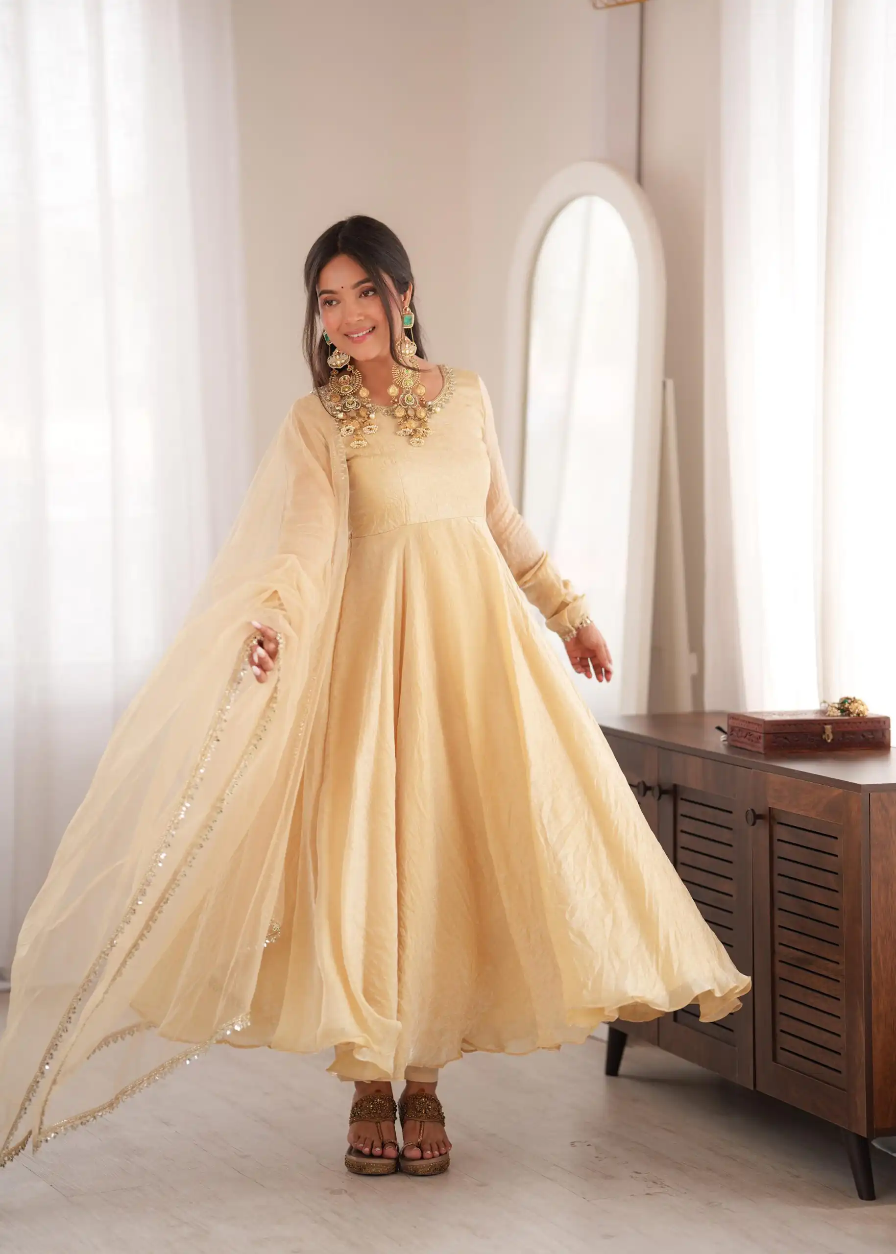 SRK 5355 Off White Doremon Crush Gown with Lace Work & Mirror Work. Exclusive Offer ₹2099. Delivery 4-6 Working Days. Shop now. | Gowns, Bollywood Gowns, Creative Gowns, Designer Gowns, Embroidered Gowns, Party Wear Gowns