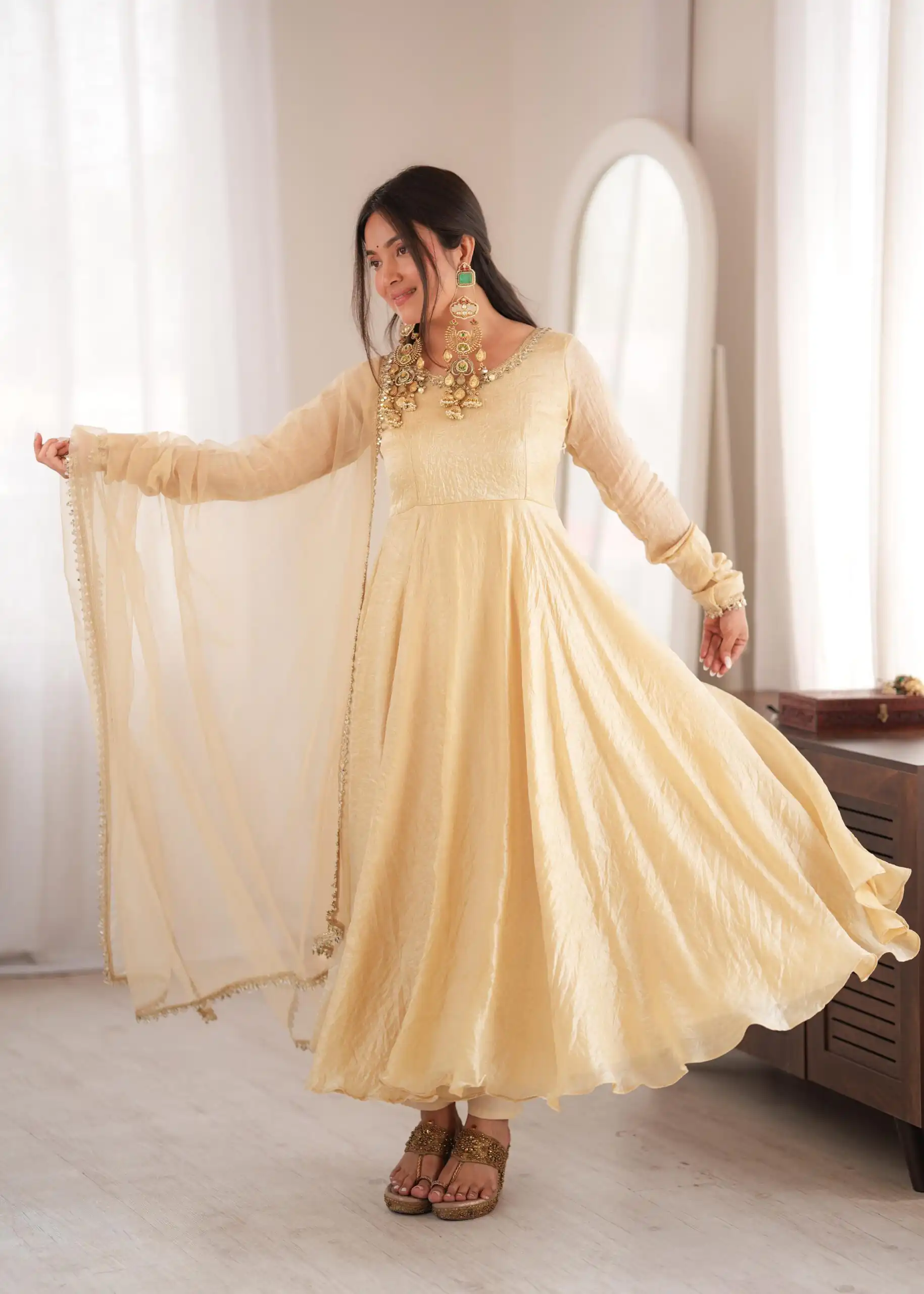 SRK 5355 Off White Doremon Crush Gown with Lace Work & Mirror Work. Exclusive Offer ₹2099. Delivery 4-6 Working Days. Shop now. | Gowns, Bollywood Gowns, Creative Gowns, Designer Gowns, Embroidered Gowns, Party Wear Gowns