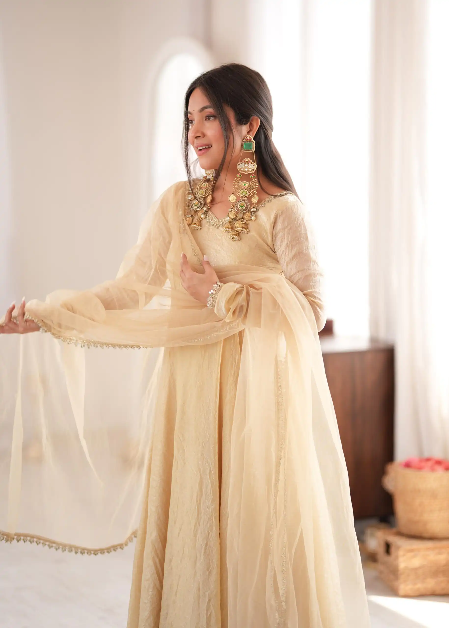 SRK 5355 Off White Doremon Crush Gown with Lace Work & Mirror Work. Exclusive Offer ₹2099. Delivery 4-6 Working Days. Shop now. | Gowns, Bollywood Gowns, Creative Gowns, Designer Gowns, Embroidered Gowns, Party Wear Gowns