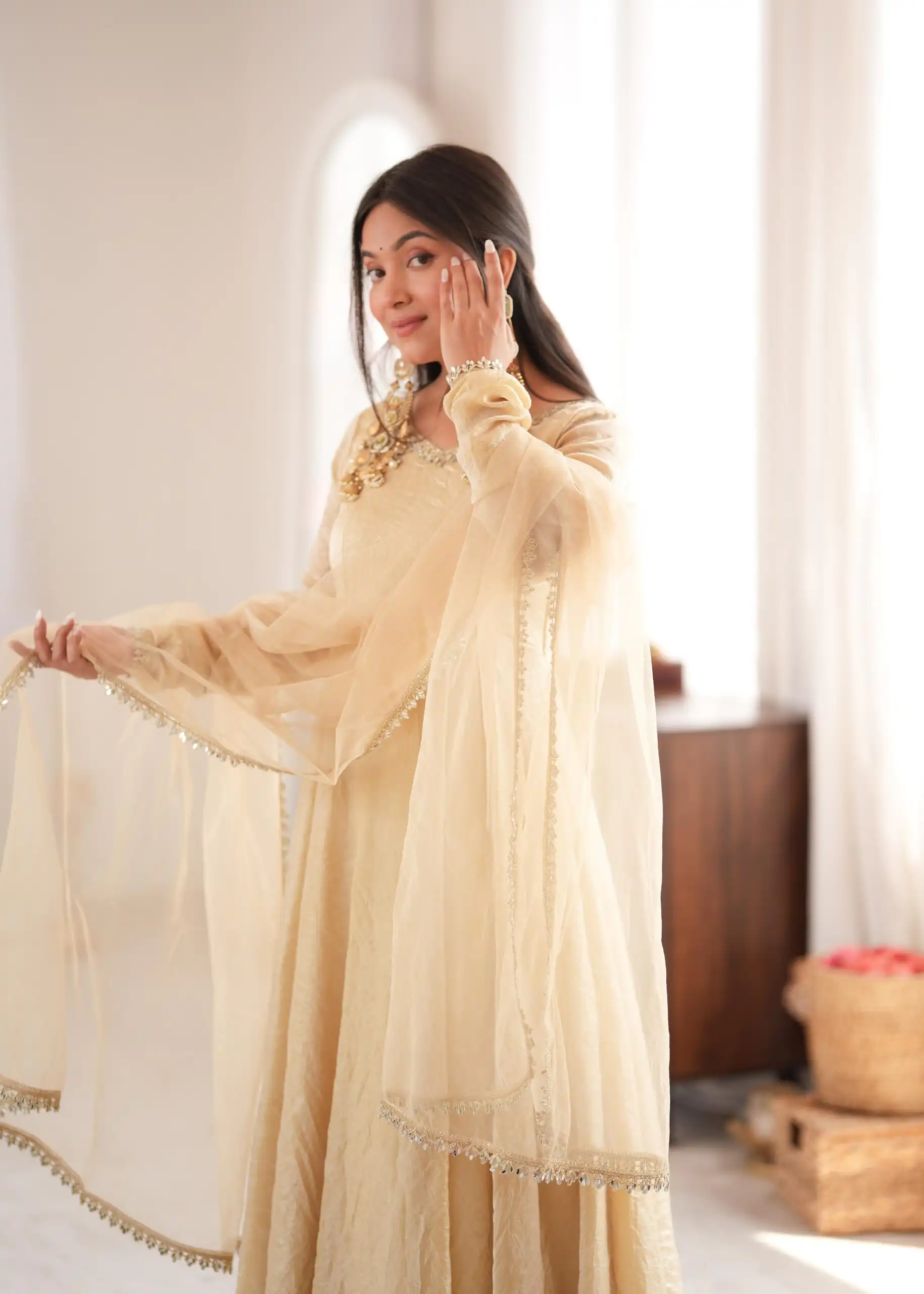 SRK 5355 Off White Doremon Crush Gown with Lace Work & Mirror Work. Exclusive Offer ₹2099. Delivery 4-6 Working Days. Shop now. | Gowns, Bollywood Gowns, Creative Gowns, Designer Gowns, Embroidered Gowns, Party Wear Gowns