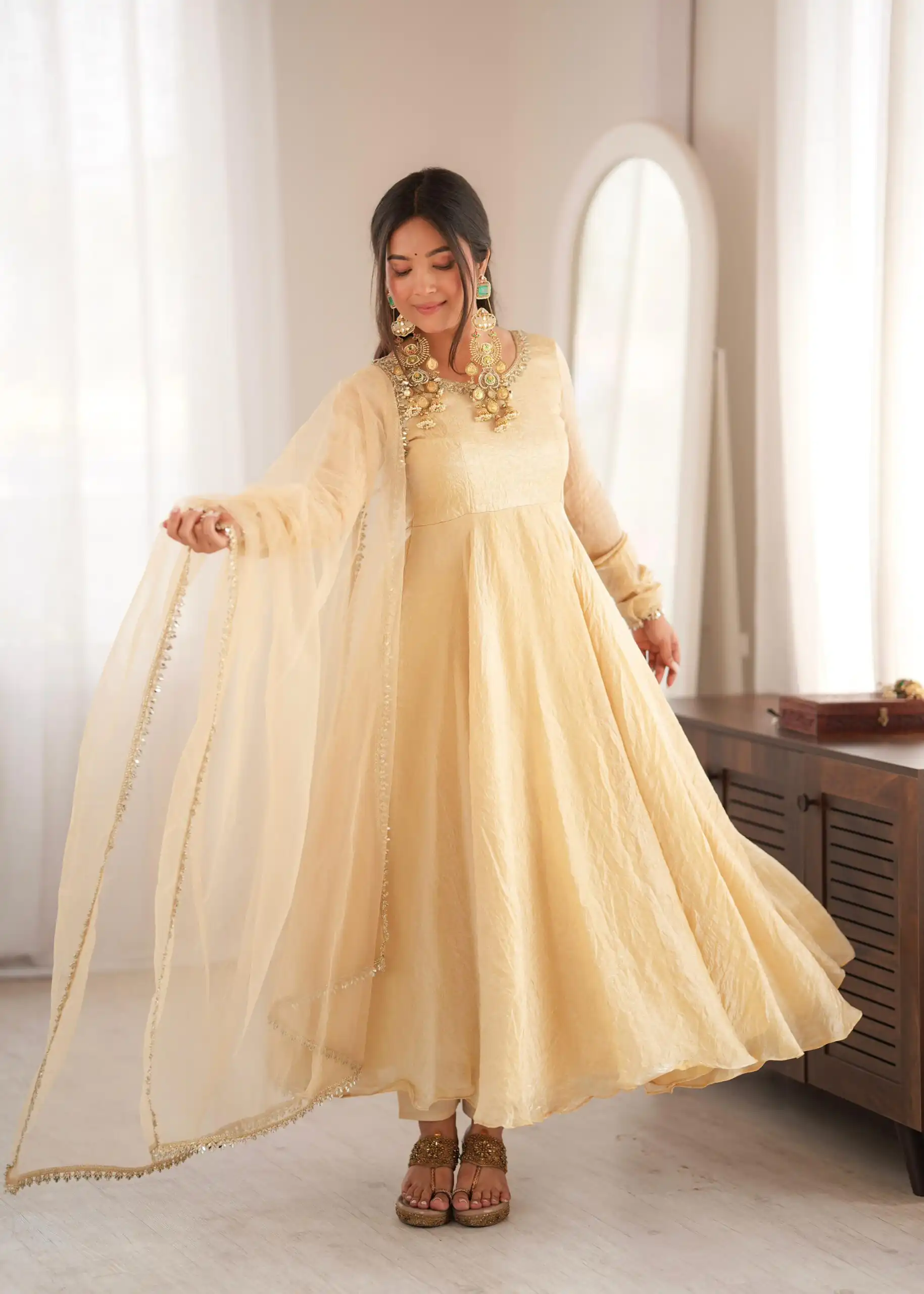 SRK 5355 Off White Doremon Crush Gown with Lace Work & Mirror Work. Exclusive Offer ₹2099. Delivery 4-6 Working Days. Shop now. | Gowns, Bollywood Gowns, Creative Gowns, Designer Gowns, Embroidered Gowns, Party Wear Gowns