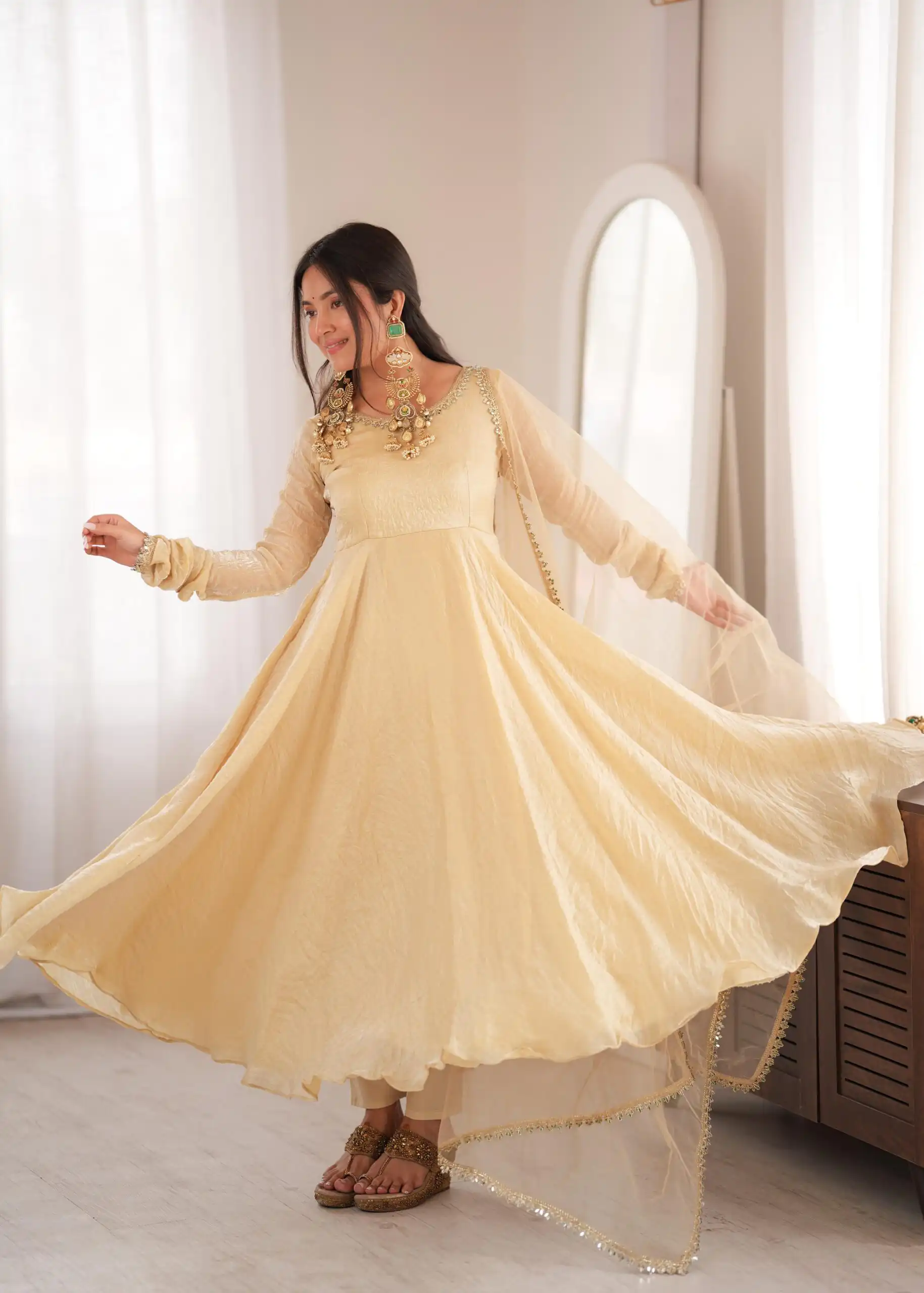 SRK 5355 Off White Doremon Crush Gown with Lace Work & Mirror Work. Exclusive Offer ₹2099. Delivery 4-6 Working Days. Shop now. | Gowns, Bollywood Gowns, Creative Gowns, Designer Gowns, Embroidered Gowns, Party Wear Gowns