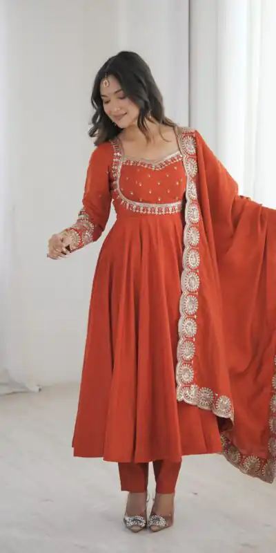 ZF 5026 Orange Colour Roman Silk Salwar Suit with Embroidery Work. Best Price ₹2399. Delivery 4-6 Working Days. Shop now. | Anarkali Suits, Bollywood Anarkali, Creative-Anarkali, Designer Anarkali, Embroidered Anarkali, Party Wear Anarkali