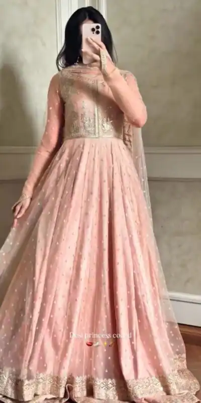 RTC 5991 Peach | Peach Faux Georgette Gown with Sequins Work. Festive Deal ₹2599. Delivery 4-6 Working Days. Online Shop now. | Gowns, Bollywood Gowns, Creative Gowns, Designer Gowns, Embroidered Gowns, Party Wear Gowns
