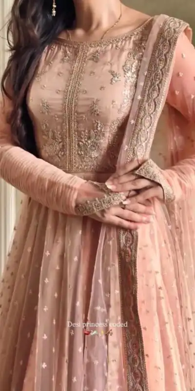 RTC 5991 Peach | Peach Faux Georgette Gown with Sequins Work. Festive Deal ₹2599. Delivery 4-6 Working Days. Online Shop now. | Gowns, Bollywood Gowns, Creative Gowns, Designer Gowns, Embroidered Gowns, Party Wear Gowns
