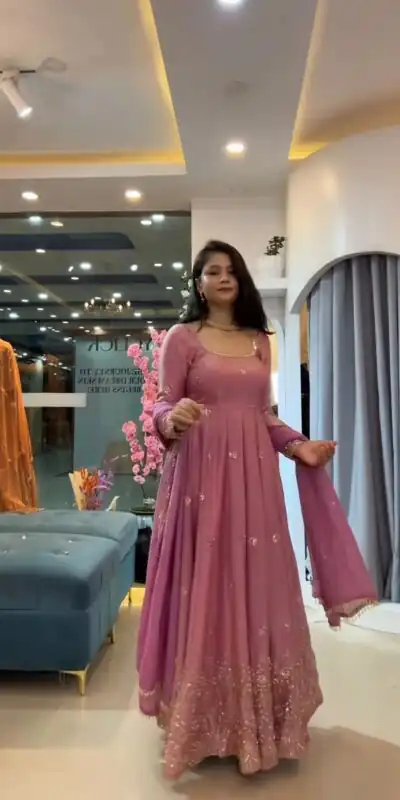 JF 052 Peach Fendy Silk Gown with Sequins Work & Thread Embroidery. Now at just ₹2399. Delivery 4-6 Working Days. Shop now. | Gowns, Bollywood Gowns, Creative Gowns, Designer Gowns, Embroidered Gowns, Party Wear Gowns