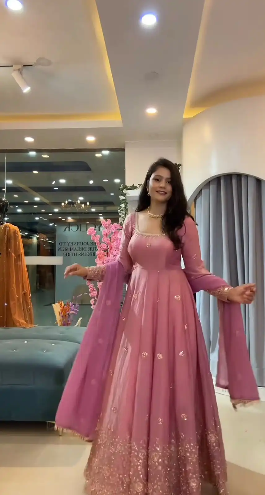 JF 052 Peach Fendy Silk Gown with Sequins Work & Thread Embroidery. Now at just ₹2399. Delivery 4-6 Working Days. Shop now. | Gowns, Bollywood Gowns, Creative Gowns, Designer Gowns, Embroidered Gowns, Party Wear Gowns