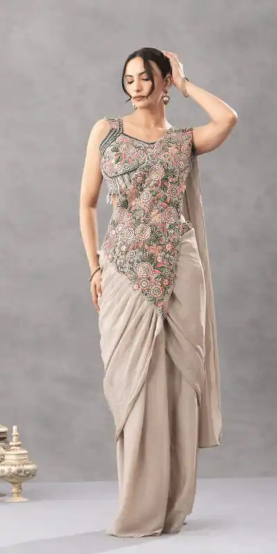 ST 1180 Chiku in Chiku Chinon. Embroidery Work Gorgeous Saree Wedding, Party, Festive, Events, Grab it for ₹1899. Delivery 4-6 Working Days. Shop now. | Designer Sarees, Modern Digital sarees, Sarees, Bollywood Sarees, Creative Sarees, Embroidered Sarees, Ethnic Saree, Party Wear Sarees