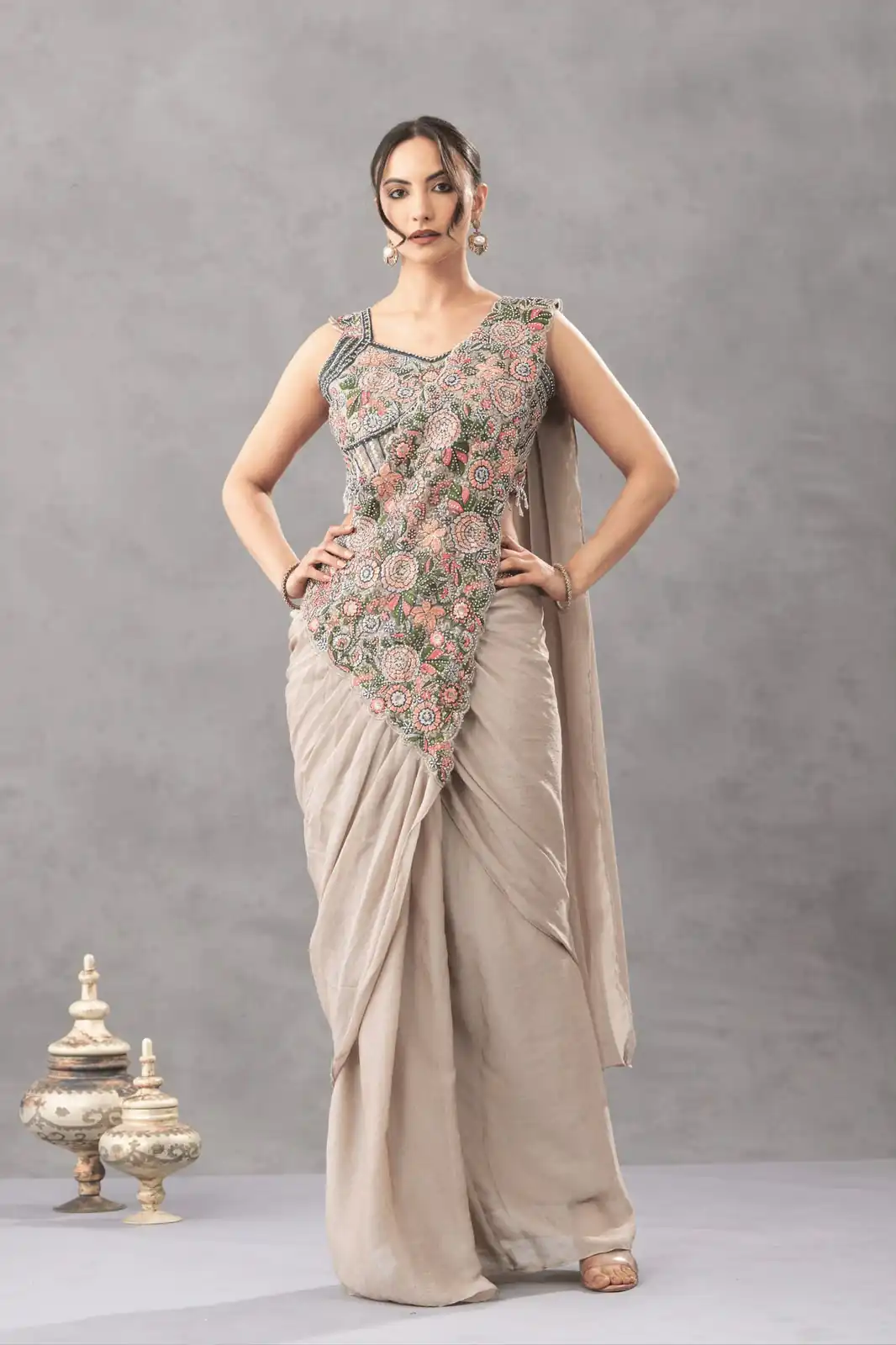 ST 1180 Chiku in Chiku Chinon. Embroidery Work Gorgeous Saree Wedding, Party, Festive, Events, Grab it for ₹1899. Delivery 4-6 Working Days. Shop now. | Designer Sarees, Modern Digital sarees, Sarees, Bollywood Sarees, Creative Sarees, Embroidered Sarees, Ethnic Saree, Party Wear Sarees
