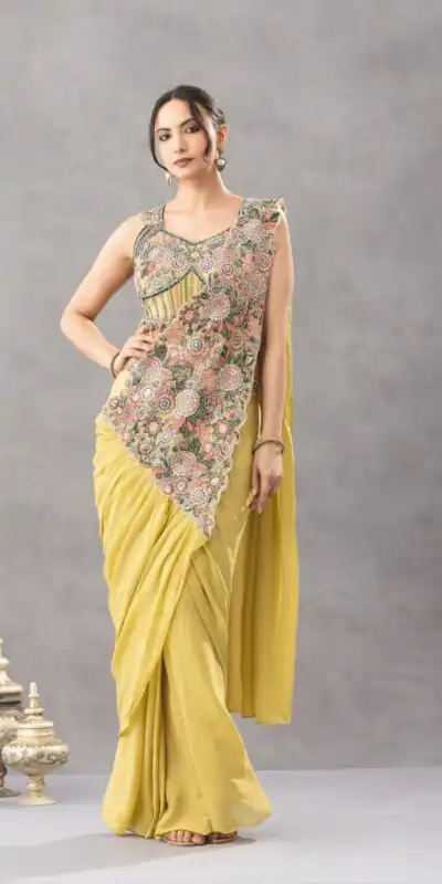 ST 1180 Lemon Yellow in Chinon. Embroidery Work Gorgeous Saree Wedding, Party, Festive, Events, Grab it for ₹1899. Delivery 4-6 Working Days. Shop now. | Designer Sarees, Modern Digital sarees, Sarees, Bollywood Sarees, Creative Sarees, Embroidered Sarees, Ethnic Saree, Party Wear Sarees
