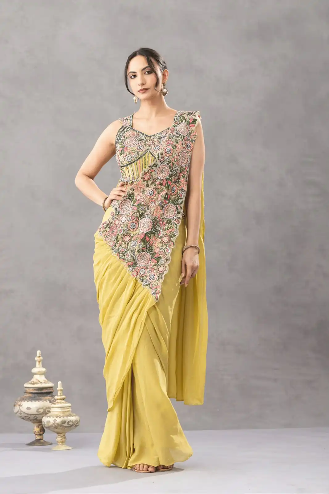 ST 1180 Lemon Yellow in Chinon. Embroidery Work Gorgeous Saree Wedding, Party, Festive, Events, Grab it for ₹1899. Delivery 4-6 Working Days. Shop now. | Designer Sarees, Modern Digital sarees, Sarees, Bollywood Sarees, Creative Sarees, Embroidered Sarees, Ethnic Saree, Party Wear Sarees