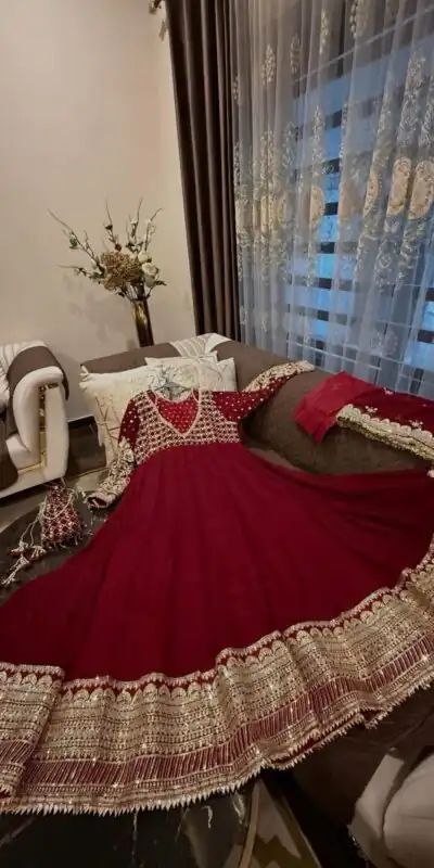 JF 049 Maroon Georgette Gown with Embroidery Work & Sequins Work. Exclusive Offer ₹2149. Delivery 4-6 Working Days. Shop now. | Gowns, Bollywood Gowns, Creative Gowns, Designer Gowns, Embroidered Gowns, Party Wear Gowns