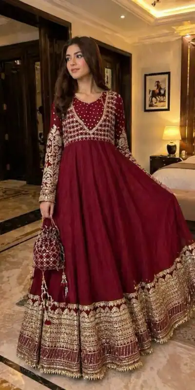 JF 049 Maroon Georgette Gown with Embroidery Work & Sequins Work. Exclusive Offer ₹2149. Delivery 4-6 Working Days. Shop now. | Gowns, Bollywood Gowns, Creative Gowns, Designer Gowns, Embroidered Gowns, Party Wear Gowns