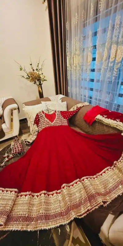 JF 049 Red Georgette Gown with Embroidery Work & Sequins Work. Exclusive Offer ₹2149. Delivery 4-6 Working Days. Shop now. | Gowns, Bollywood Gowns, Creative Gowns, Designer Gowns, Embroidered Gowns, Party Wear Gowns