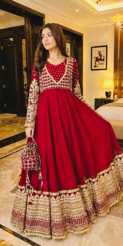 JF 049 Red Georgette Gown with Embroidery Work & Sequins Work. Exclusive Offer ₹2149. Delivery 4-6 Working Days. Shop now. | Gowns, Bollywood Gowns, Creative Gowns, Designer Gowns, Embroidered Gowns, Party Wear Gowns