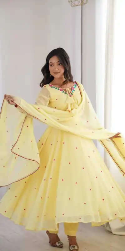 SP 82 Yellow in Heavy Faux Georgette Embroidery Work Salwar Suit . Introductory Price ₹1999. Delivery 4-6 Working Days. Shop now. | Anarkali Suits, Bollywood Anarkali, Creative-Anarkali, Designer Anarkali, Embroidered Anarkali, Party Wear Anarkali
