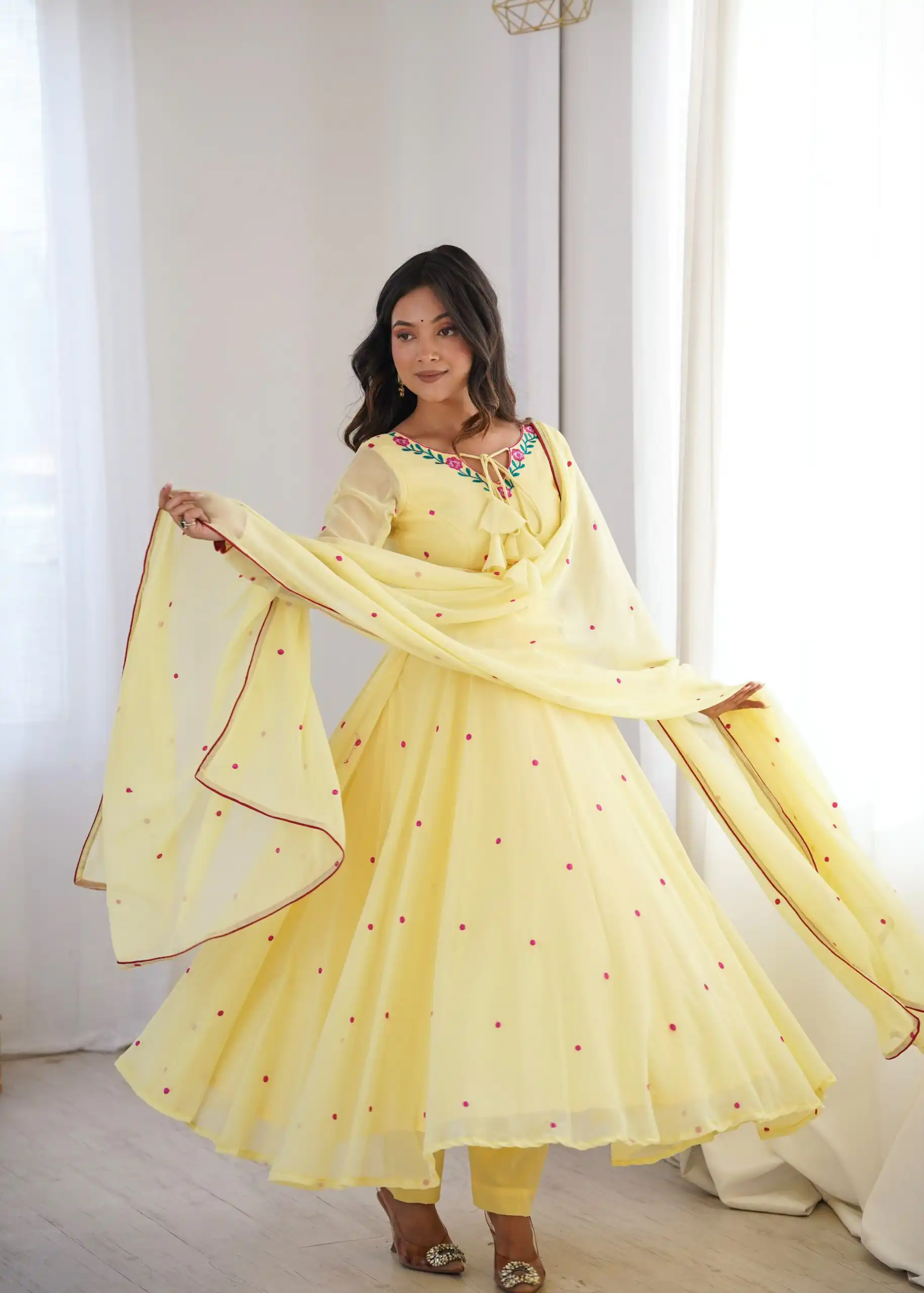 SP 82 Yellow in Heavy Faux Georgette Embroidery Work Salwar Suit . Introductory Price ₹1999. Delivery 4-6 Working Days. Shop now. | Anarkali Suits, Bollywood Anarkali, Creative-Anarkali, Designer Anarkali, Embroidered Anarkali, Party Wear Anarkali