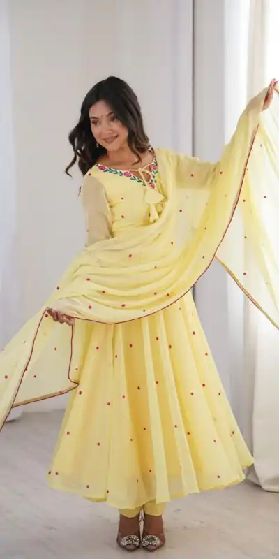 SP 82 Yellow in Heavy Faux Georgette Embroidery Work Salwar Suit . Introductory Price ₹1999. Delivery 4-6 Working Days. Shop now. | Anarkali Suits, Bollywood Anarkali, Creative-Anarkali, Designer Anarkali, Embroidered Anarkali, Party Wear Anarkali