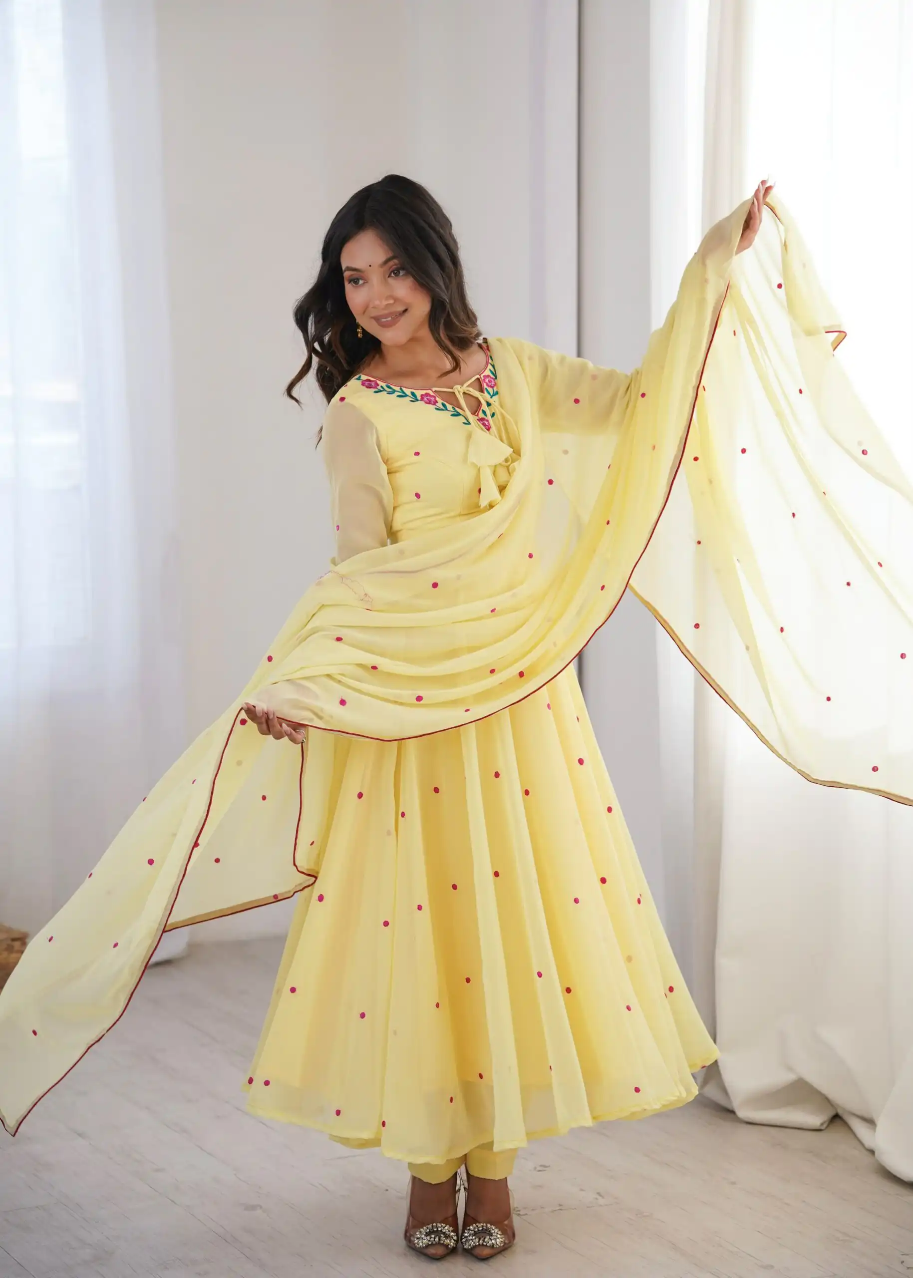 SP 82 Yellow in Heavy Faux Georgette Embroidery Work Salwar Suit . Introductory Price ₹1999. Delivery 4-6 Working Days. Shop now. | Anarkali Suits, Bollywood Anarkali, Creative-Anarkali, Designer Anarkali, Embroidered Anarkali, Party Wear Anarkali