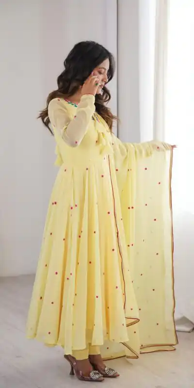 SP 82 Yellow in Heavy Faux Georgette Embroidery Work Salwar Suit . Introductory Price ₹1999. Delivery 4-6 Working Days. Shop now. | Anarkali Suits, Bollywood Anarkali, Creative-Anarkali, Designer Anarkali, Embroidered Anarkali, Party Wear Anarkali