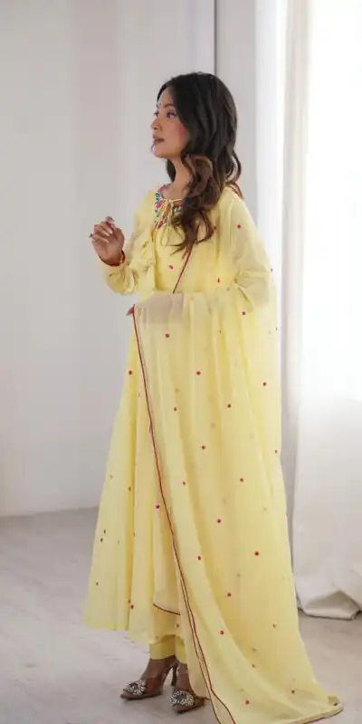 SP 82 Yellow in Heavy Faux Georgette Embroidery Work Salwar Suit . Introductory Price ₹1999. Delivery 4-6 Working Days. Shop now. | Anarkali Suits, Bollywood Anarkali, Creative-Anarkali, Designer Anarkali, Embroidered Anarkali, Party Wear Anarkali