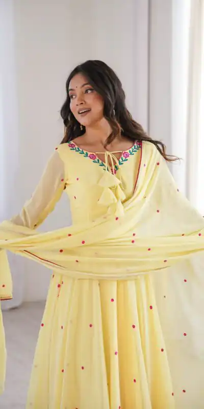 SP 82 Yellow in Heavy Faux Georgette Embroidery Work Salwar Suit . Introductory Price ₹1999. Delivery 4-6 Working Days. Shop now. | Anarkali Suits, Bollywood Anarkali, Creative-Anarkali, Designer Anarkali, Embroidered Anarkali, Party Wear Anarkali
