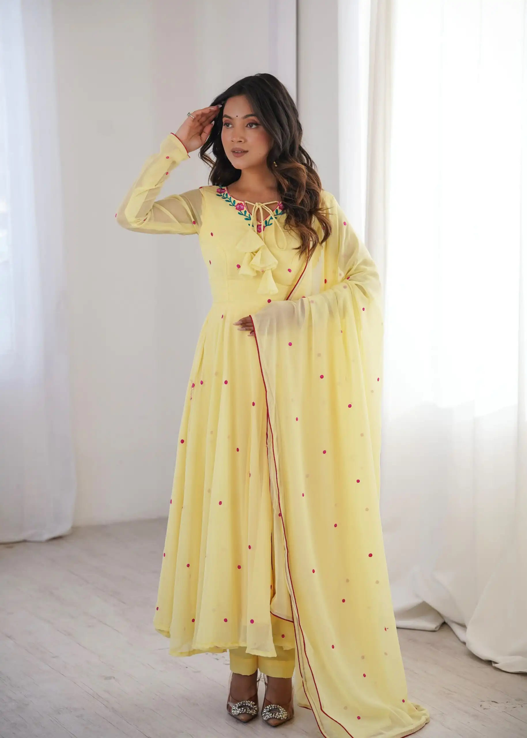 SP 82 Yellow in Heavy Faux Georgette Embroidery Work Salwar Suit . Introductory Price ₹1999. Delivery 4-6 Working Days. Shop now. | Anarkali Suits, Bollywood Anarkali, Creative-Anarkali, Designer Anarkali, Embroidered Anarkali, Party Wear Anarkali