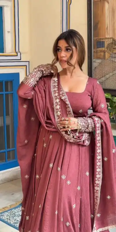 KD1589 Peach Color Mul Chanderi Silk Mul Chanderi Silk Thread Embroidery Gown Delivery 4-6 Working Days. Online Shop now. | Gowns, Bollywood Gowns, Creative Gowns, Designer Gowns, Embroidered Gowns, Party Wear Gowns