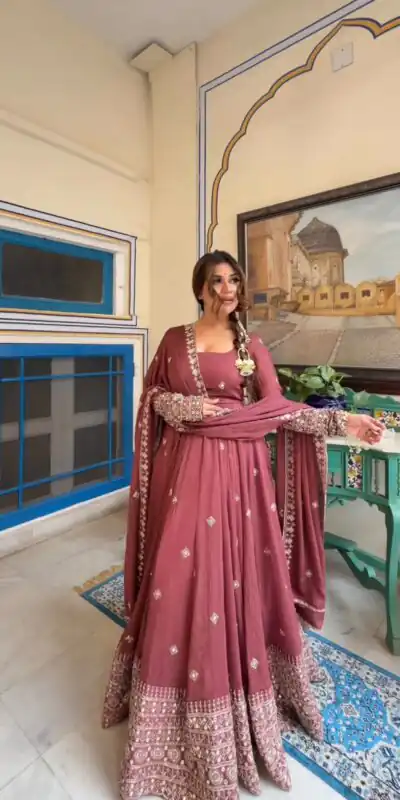 KD1589 Peach Color Mul Chanderi Silk Mul Chanderi Silk Thread Embroidery Gown Delivery 4-6 Working Days. Online Shop now. | Gowns, Bollywood Gowns, Creative Gowns, Designer Gowns, Embroidered Gowns, Party Wear Gowns