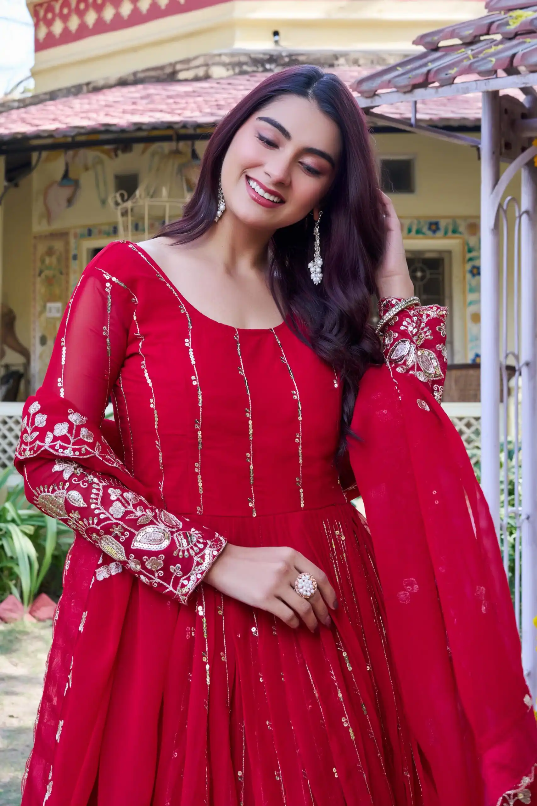 Ram 170 | Red Fox Georgette Gown with Embroidery Work & Sequins Work. Available at ₹2149 only. Delivery 4-6 Working Days. Shop now. | Gowns, Bollywood Gowns, Creative Gowns, Designer Gowns, Embroidered Gowns, Party Wear Gowns