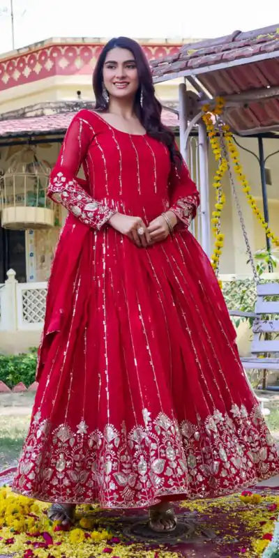 Ram 170 | Red Fox Georgette Gown with Embroidery Work & Sequins Work. Available at ₹2149 only. Delivery 4-6 Working Days. Shop now. | Gowns, Bollywood Gowns, Creative Gowns, Designer Gowns, Embroidered Gowns, Party Wear Gowns