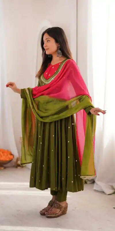 ZF 5023 Mehandi Roman Silk Gown with Mirror Work & Embroidery Work. Special Price ₹2099. Delivery 4-6 Working Days. Shop now. | Gowns, Bollywood Gowns, Creative Gowns, Designer Gowns, Embroidered Gowns, Party Wear Gowns
