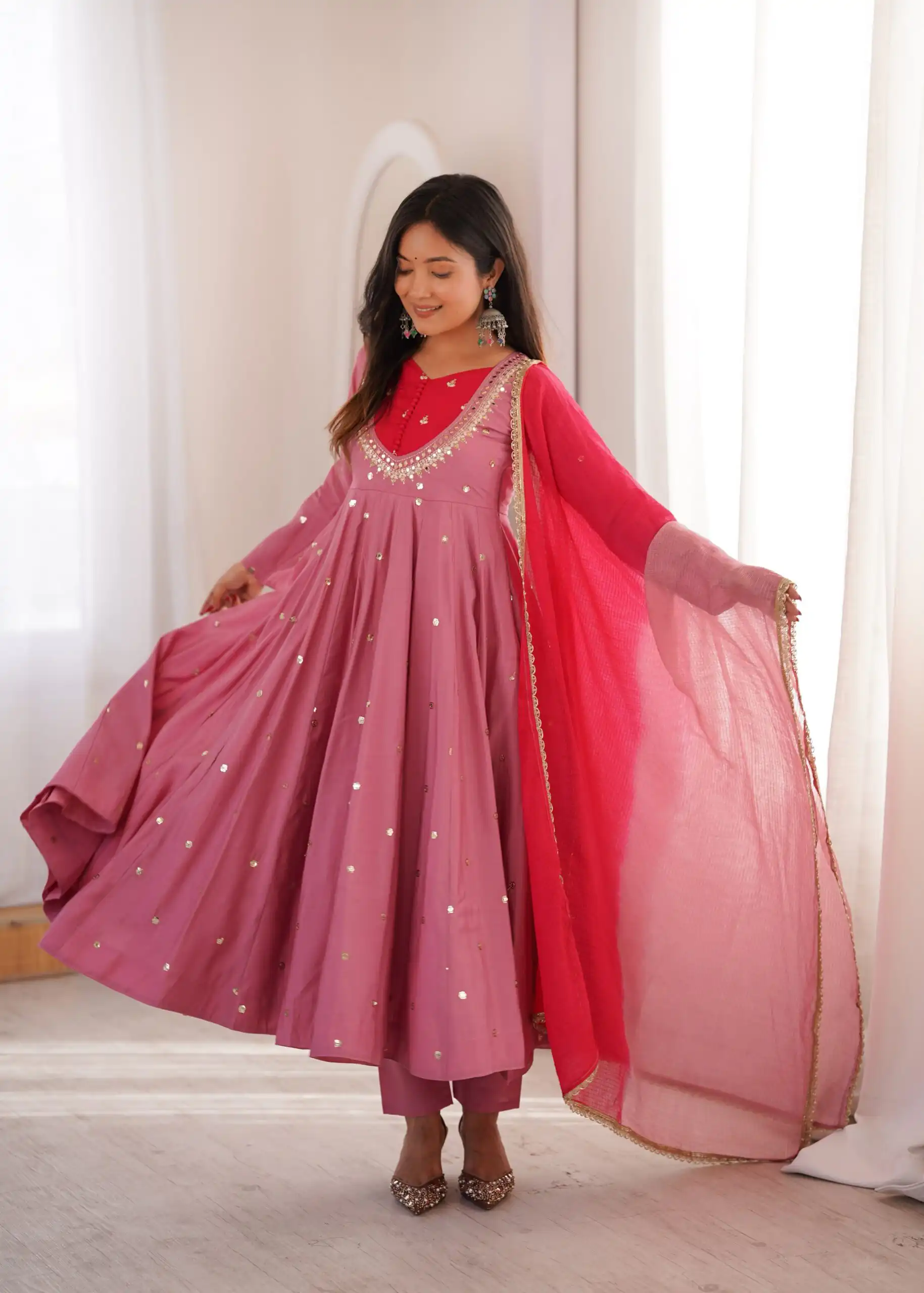 ZF 5023 Pink Roman Silk Gown with Mirror Work & Embroidery Work. Special Price ₹2099. Delivery 4-6 Working Days. Shop now. | Gowns, Bollywood Gowns, Creative Gowns, Designer Gowns, Embroidered Gowns, Party Wear Gowns