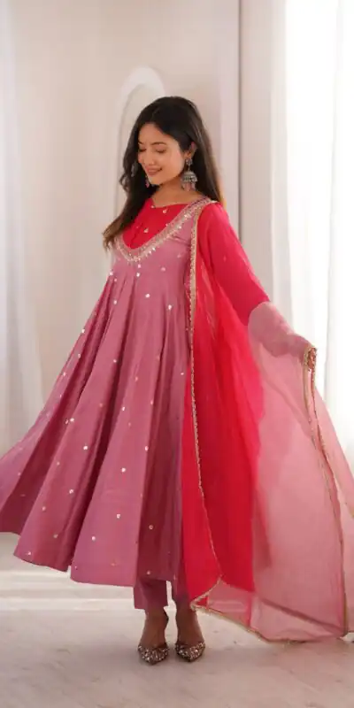 ZF 5023 Pink Roman Silk Gown with Mirror Work & Embroidery Work. Special Price ₹2099. Delivery 4-6 Working Days. Shop now. | Gowns, Bollywood Gowns, Creative Gowns, Designer Gowns, Embroidered Gowns, Party Wear Gowns