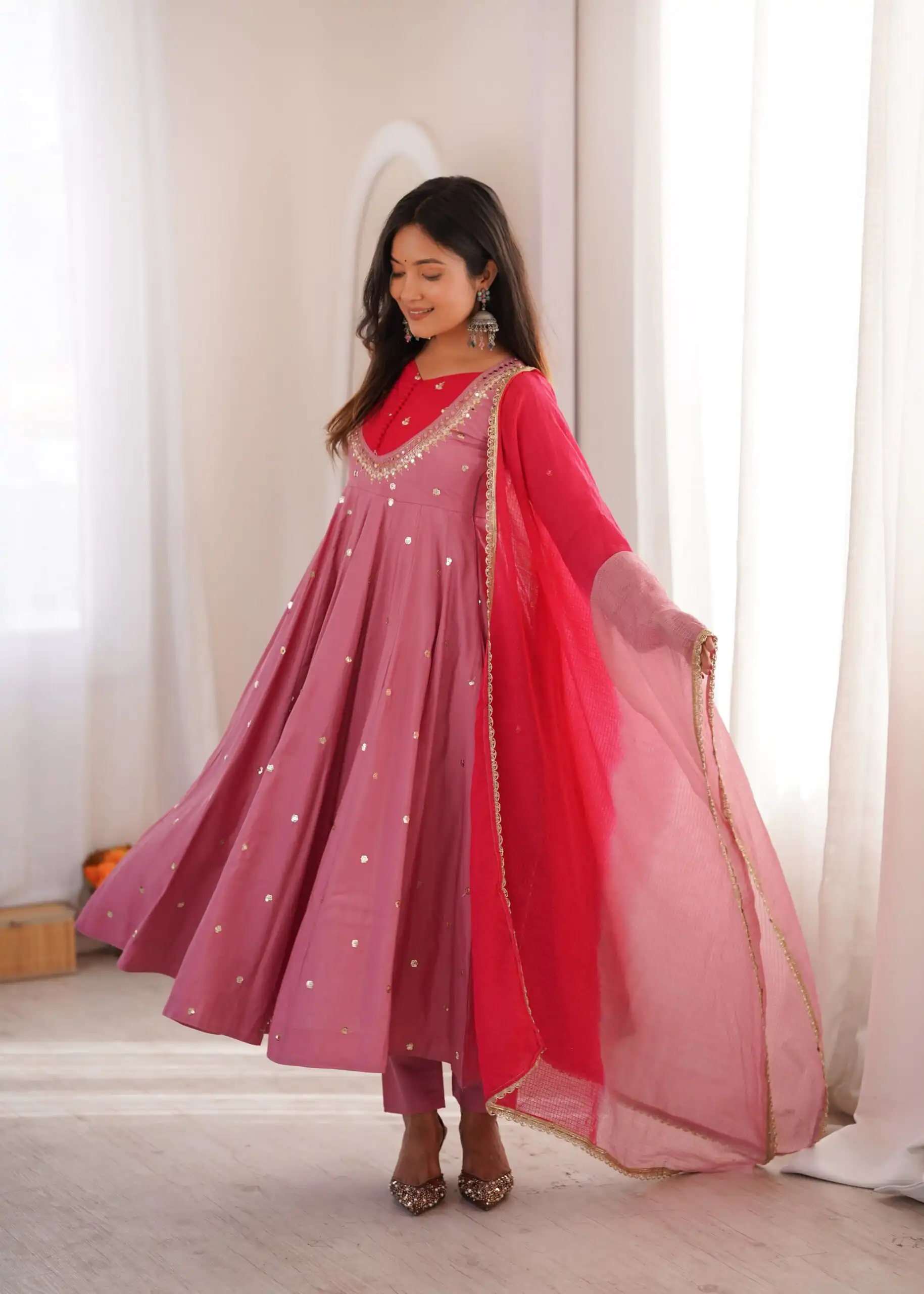 ZF 5023 Pink Roman Silk Gown with Mirror Work & Embroidery Work. Special Price ₹2099. Delivery 4-6 Working Days. Shop now. | Gowns, Bollywood Gowns, Creative Gowns, Designer Gowns, Embroidered Gowns, Party Wear Gowns