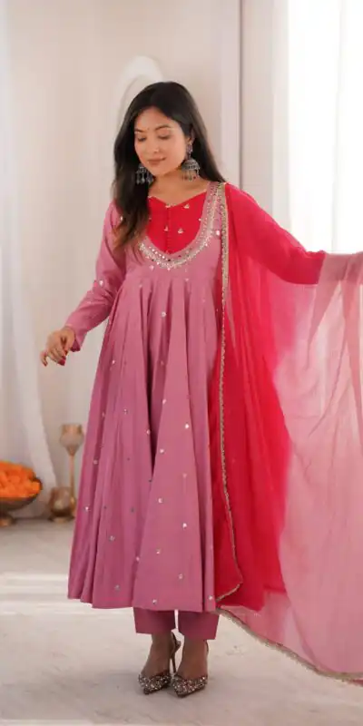 ZF 5023 Pink Roman Silk Gown with Mirror Work & Embroidery Work. Special Price ₹2099. Delivery 4-6 Working Days. Shop now. | Gowns, Bollywood Gowns, Creative Gowns, Designer Gowns, Embroidered Gowns, Party Wear Gowns