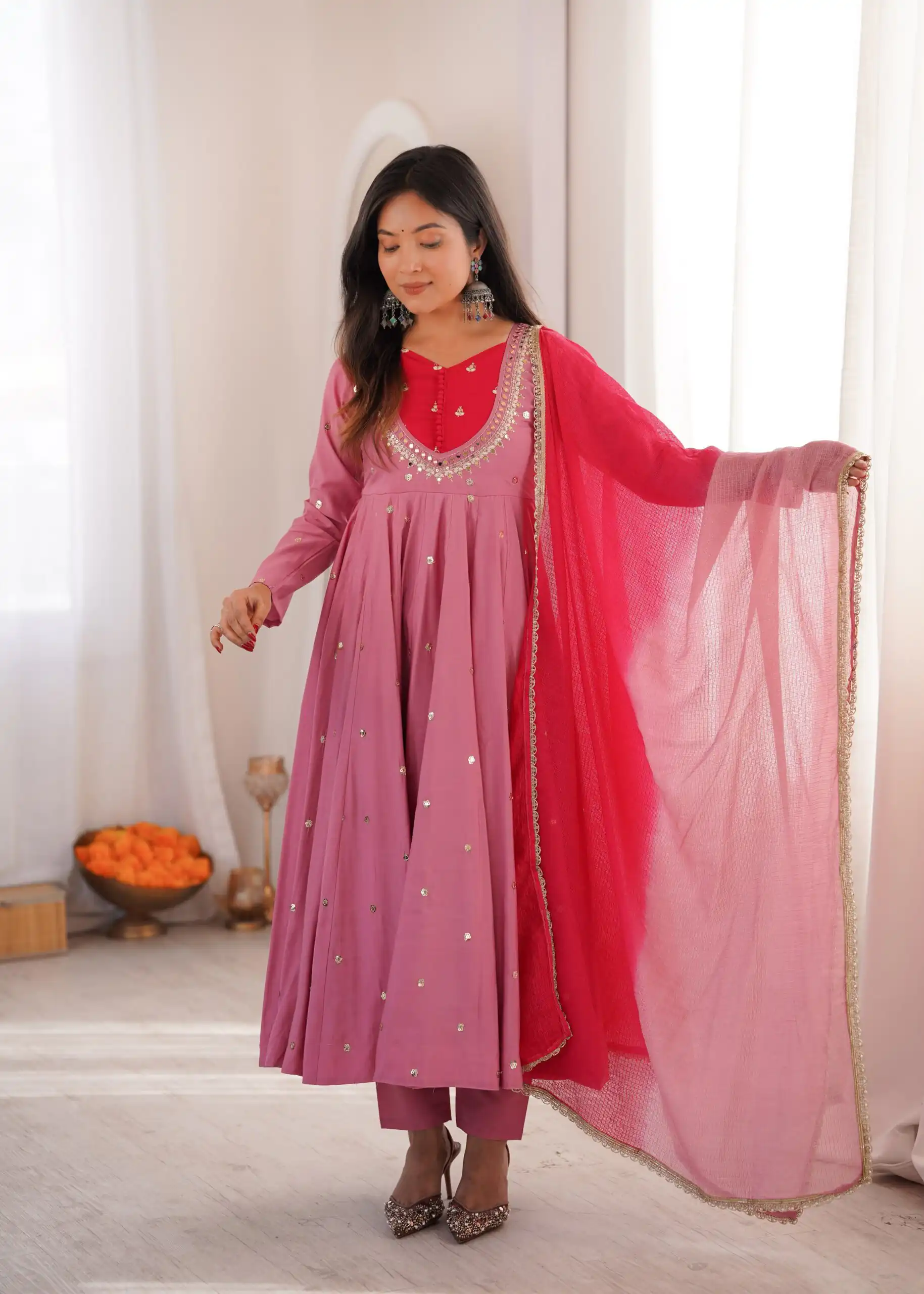 ZF 5023 Pink Roman Silk Gown with Mirror Work & Embroidery Work. Special Price ₹2099. Delivery 4-6 Working Days. Shop now. | Gowns, Bollywood Gowns, Creative Gowns, Designer Gowns, Embroidered Gowns, Party Wear Gowns