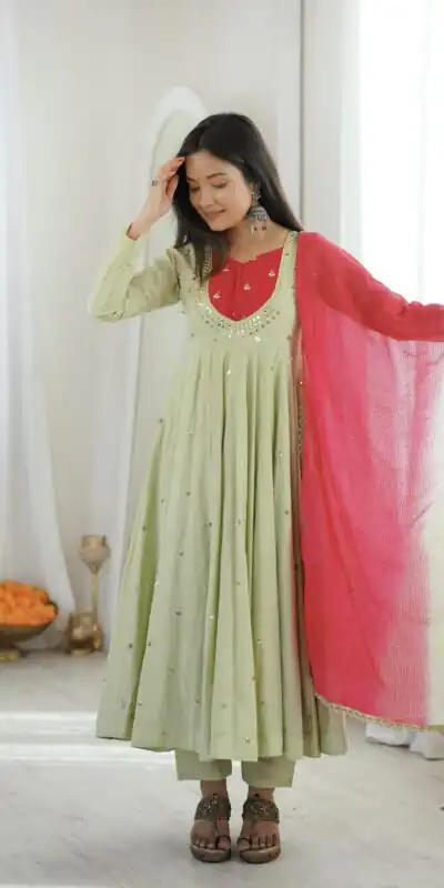 ZF 5023 Pista Roman Silk Gown with Mirror Work & Embroidery Work. Special Price ₹2099. Delivery 4-6 Working Days. Shop now. | Gowns, Bollywood Gowns, Creative Gowns, Designer Gowns, Embroidered Gowns, Party Wear Gowns