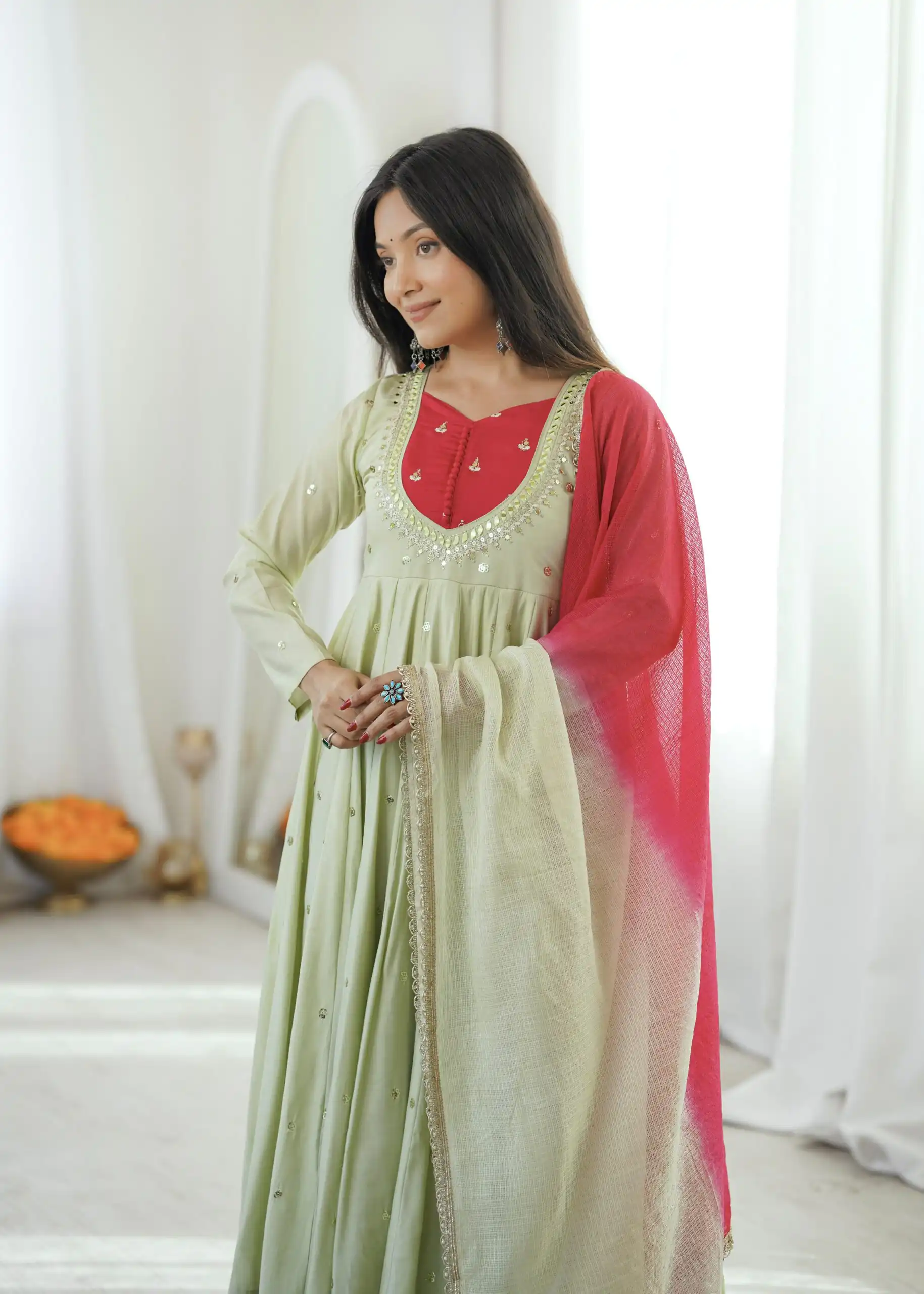 ZF 5023 Pista Roman Silk Gown with Mirror Work & Embroidery Work. Special Price ₹2099. Delivery 4-6 Working Days. Shop now. | Gowns, Bollywood Gowns, Creative Gowns, Designer Gowns, Embroidered Gowns, Party Wear Gowns