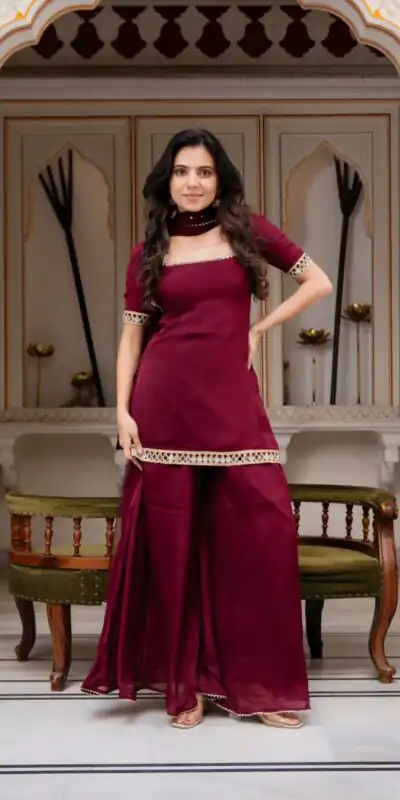 ST 1197 Maroon | Faux Georgette Salwar Suit with Mirror Work & Embroidery Work. Get it for ₹1849. Delivery 4-6 Working Days. Shop now. | Jump Suits, Salwar suit, Casual Suits, Creative suits, Designer Suits, Palazzo Suits, Party Wear Suits, Patiala Suits, Straight Suits