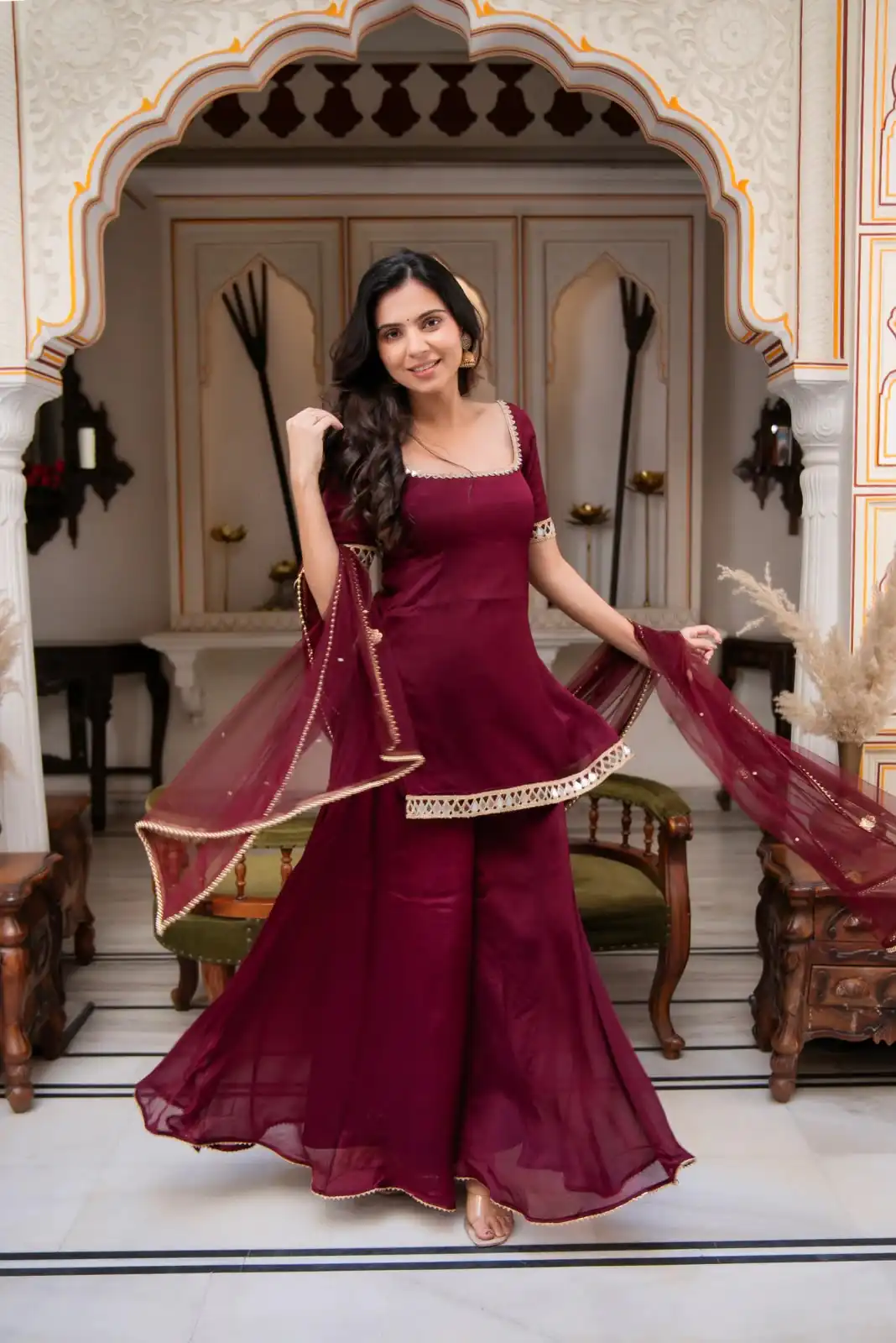 ST 1197 Maroon | Faux Georgette Salwar Suit with Mirror Work & Embroidery Work. Get it for ₹1849. Delivery 4-6 Working Days. Shop now. | Jump Suits, Salwar suit, Casual Suits, Creative suits, Designer Suits, Palazzo Suits, Party Wear Suits, Patiala Suits, Straight Suits