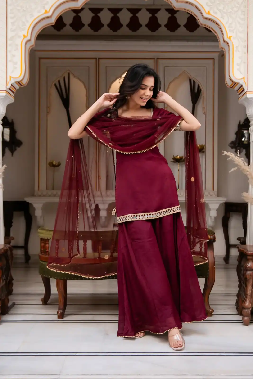 ST 1197 Maroon | Faux Georgette Salwar Suit with Mirror Work & Embroidery Work. Get it for ₹1849. Delivery 4-6 Working Days. Shop now. | Jump Suits, Salwar suit, Casual Suits, Creative suits, Designer Suits, Palazzo Suits, Party Wear Suits, Patiala Suits, Straight Suits