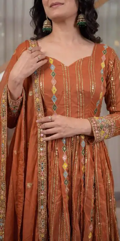 MD 3100 Orange Faux Blooming Gown Perfect for Wedding, Party, Pongal, Raksha Bandhan, Mehendi –. Introductory Price ₹2549. Delivery 4-6 Working Days | Gowns, Bollywood Gowns, Creative Gowns, Designer Gowns, Embroidered Gowns, Party Wear Gowns