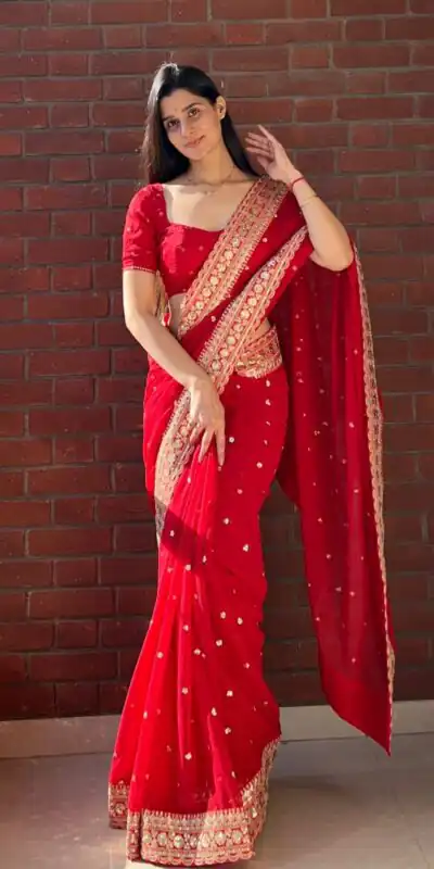 NC 5544 Red Color Georgette Saree with Embroidery Work & Lace Work. Special Price ₹1949. Delivery 4-6 Working Days. Shop now. | Designer Sarees, Modern Digital sarees, Sarees, Bollywood Sarees, Creative Sarees, Embroidered Sarees, Ethnic Saree, Party Wear Sarees